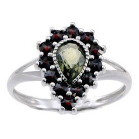 BG prsten vsazený granát hvězdicový brus  106 Bílé zlato - 585 Vltavín a granát