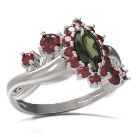 BG prsten s oválným kamenem 504-P Bílé zlato - 585 Vltavín a granát