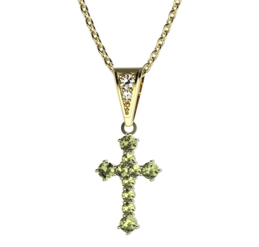 BG zlatý přívěšek křížek 256 Žluté zlato - 585 Zelený kubický zirkon