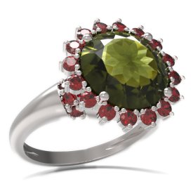 BG prsten kulatý kámen 512-K Bílé zlato - 585 Vltavín a granát