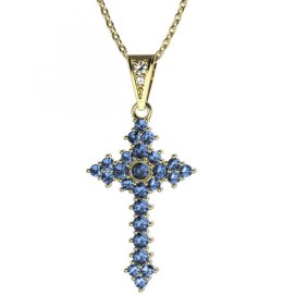 Zlatý přívěsek křížek se světle modrým zirkonem, žluté zlato 585 – 264 (ZM342641)
