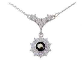 BG náhrdelník vsazený přírodní granát  352 Stříbro 925 - rhodium Vltavín a  kubický zirkon