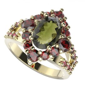BG prsten oválný 466-Y Žluté zlato - 585 Vltavín a granát