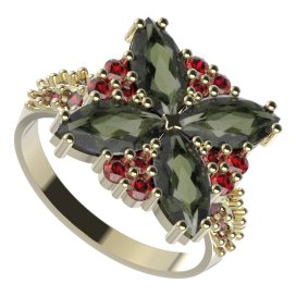 BG prsten 408-X solitérního tvaru Žluté zlato - 585 Vltavín a granát