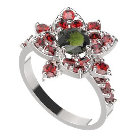 BG prsten 735-Z oválného tvaru Bílé zlato - 585 Vltavín a granát