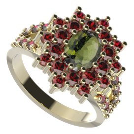BG prsten oválný 249-Y Žluté zlato - 585 Vltavín a granát