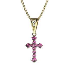 Zlatý přívěsek křížek s růžovým zirkonem, žluté zlato 585 – 256 (ZN342561)