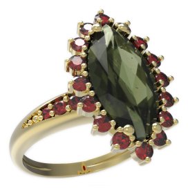 BG prsten oválný kámen 513-J Žluté zlato - 585 Vltavín a granát