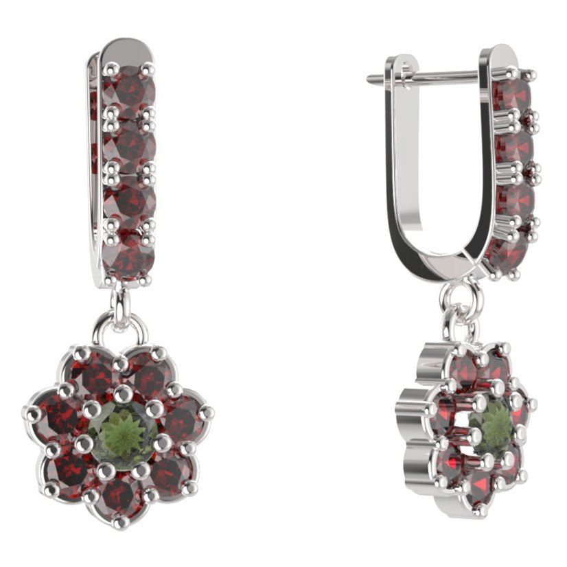 BG kulaté náušnice 456-96 Stříbro 925 - rhodium Vltavín a granát