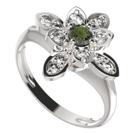 BG prsten květ 404-V Stříbro 925 - rhodium Vltavín a  kubický zirkon