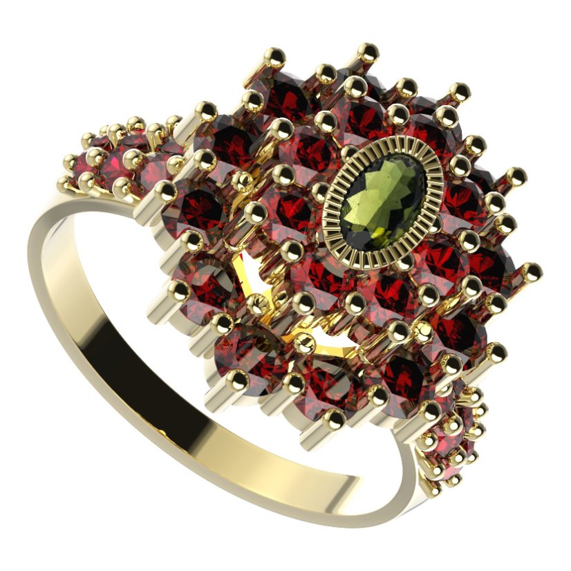 BG prsten 009-X oválného tvaru Stříbro 925 - pozlacené Vltavín a granát