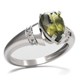 BG prsten kapkovitý kámen 494-K Stříbro 925 - rhodium Vltavín a  kubický zirkon