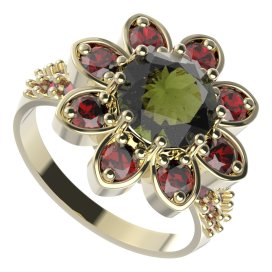 BG prsten 698-X oválného tvaru Žluté zlato - 585 Vltavín a granát
