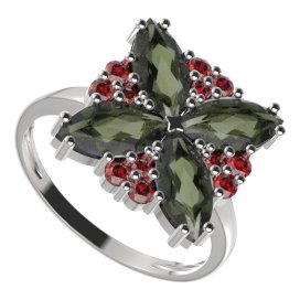 BG prsten solitérní 408-I Bílé zlato - 585 Vltavín a granát