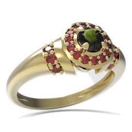 BG prsten kulatý kámen 541-K Žluté zlato - 585 Vltavín a granát