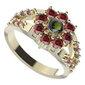 BG prsten kulatý 030-Y Žluté zlato - 585 Vltavín a granát