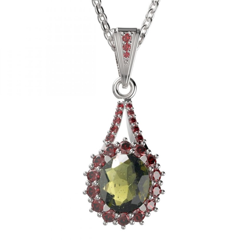 BG přívěs vsazeny kameny:český granát  977 Bílé zlato - 585 Vltavín a granát
