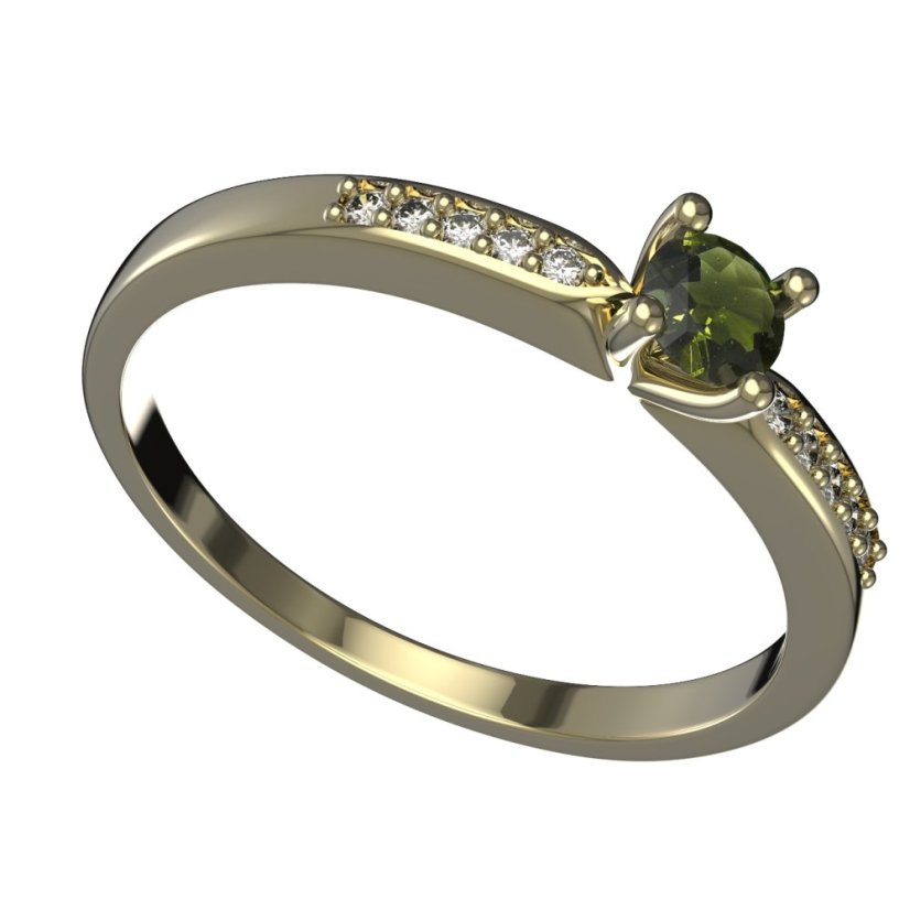 BG zlatý granátový, vltavínový  prstýnek 1437 Žluté zlato - 585 Vltavín a  kubický zirkon