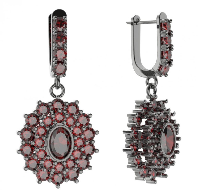 Stříbrné náušnice s českým granátem, ruthenium, visací – 021-96