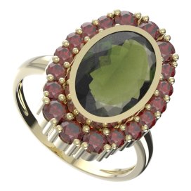 BG prsten oválný 523-I Žluté zlato - 585 Vltavín a granát