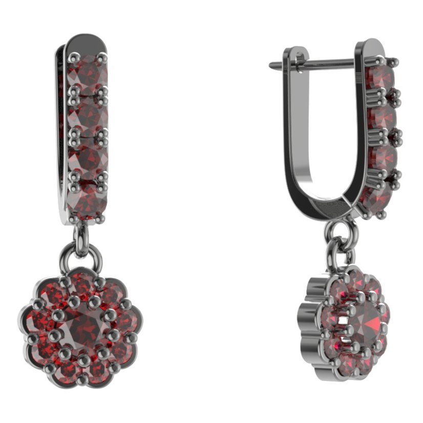Stříbrné náušnice s českým granátem, ruthenium, visací – 453-96