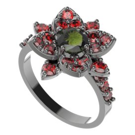 BG prsten 735-Z oválného tvaru Stříbro 925 - ruthenium (30-90dní) Vltavín a granát