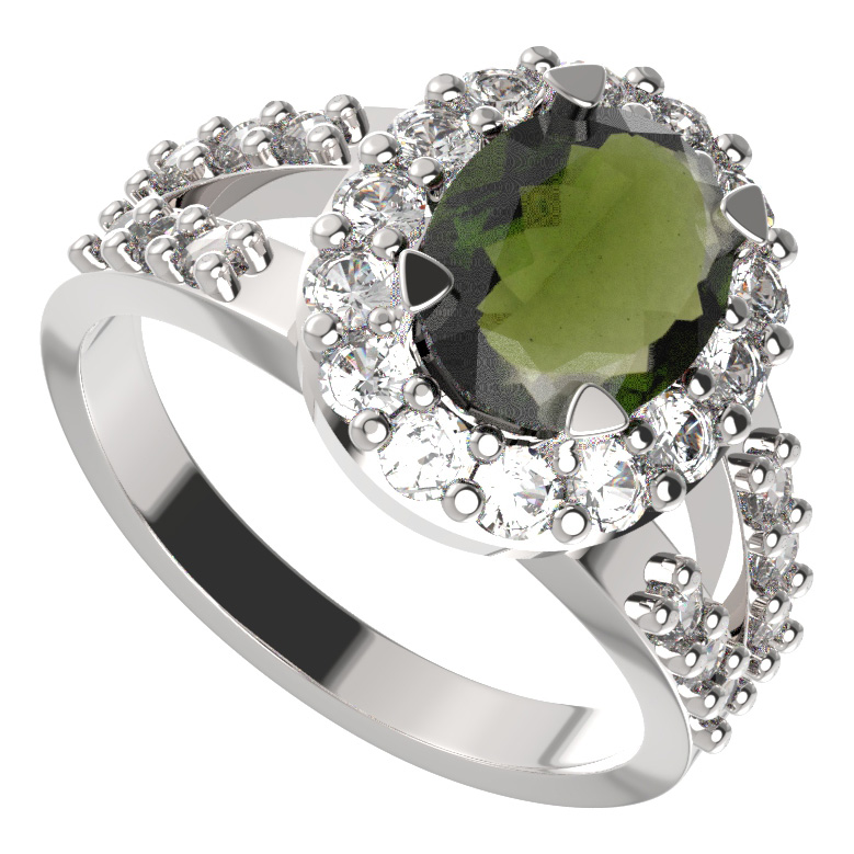 BG prstýnek 728 Bílé zlato - 585 Vltavín a  kubický zirkon