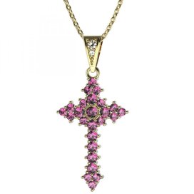 Zlatý přívěsek křížek s růžovým zirkonem, žluté zlato 585 – 264 (ZN342641)