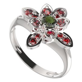 BG prsten květ 404-V Bílé zlato - 585 Vltavín a granát