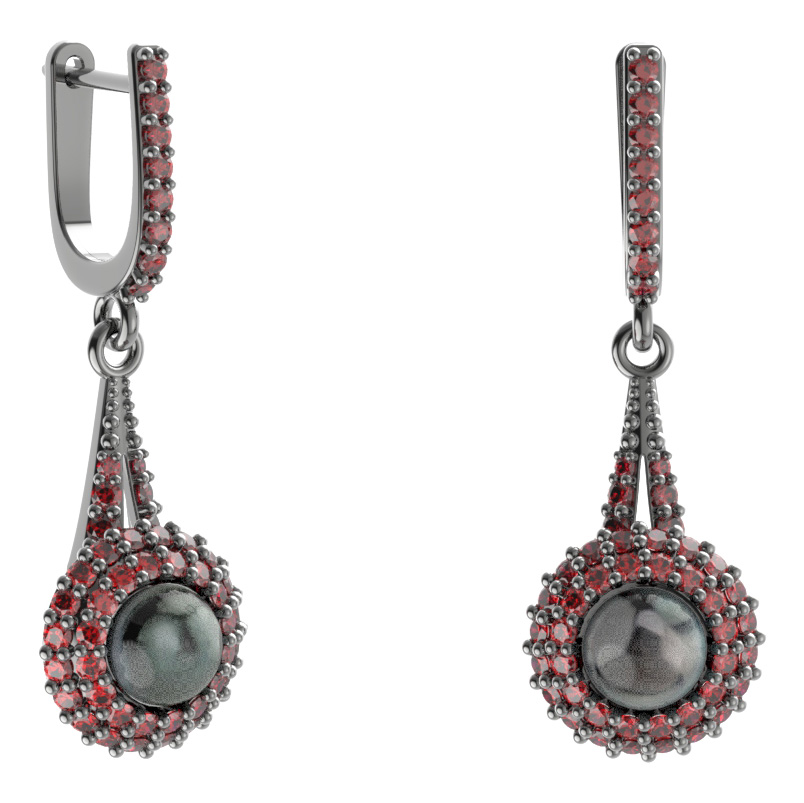 Stříbrné náušnice s černou perlou a českým granátem, ruthenium, anglické zapínání – 540-G91