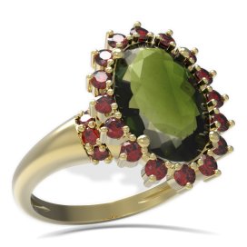 BG prsten oválný kámen 507-K Žluté zlato - 585 Vltavín a granát