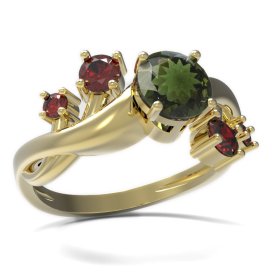 BG prsten s kulatým kamenem 473-P Stříbro 925 - pozlacené Vltavín a granát