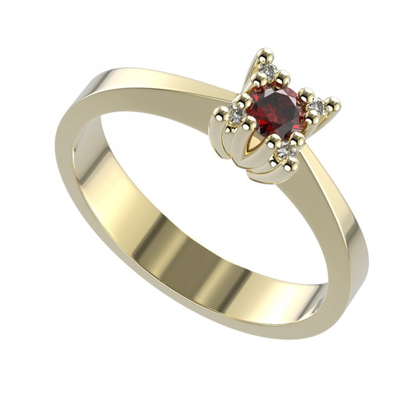 Zlatý prsten s českým granátem a diamantem, žluté zlato 585 – 762