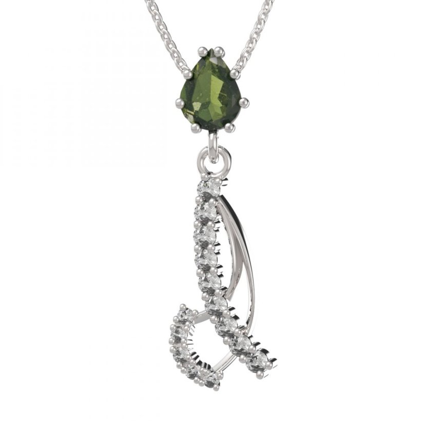 BG přívěs vsazeny kameny:český granát  501 Stříbro 925 - rhodium Vltavín a  kubický zirkon