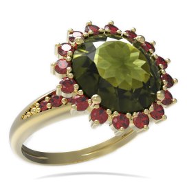 BG prsten kulatý kámen 512-J Žluté zlato - 585 Vltavín a granát