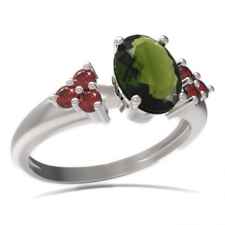 BG prsten s oválným kamenem 478-U - Kov: Stříbro 925 - rhodium, Kámen: Vltavín a granát