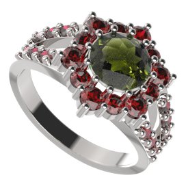 BG prsten kulatý 230-Y Bílé zlato - 585 Vltavín a granát