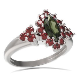 BG prsten s oválným kamenem 504-U Bílé zlato - 585 Vltavín a granát