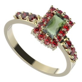 BG prsten 431-Z obdelníkového tvaru Žluté zlato - 585 Vltavín a granát