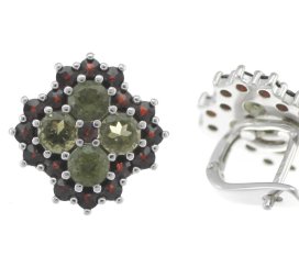 BG náušnice vsazeny kameny:český granát  217 Stříbro 925 - rhodium Vltavín a granát