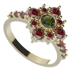 BG prsten 105-Z čtvercového tvaru Žluté zlato - 585 Vltavín a granát