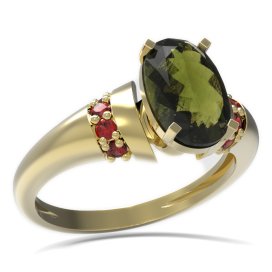 BG prsten oválný kámen 492-K Žluté zlato - 585 Vltavín a granát