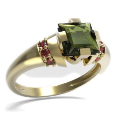 BG prsten s čtvercovým kamenem 496-K Žluté zlato - 585 Vltavín a granát