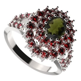 BG prsten oválný 001-Y Stříbro 925 - rhodium Vltavín a granát