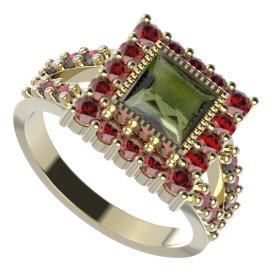 BG prsten čtvercový 099-Y Žluté zlato - 585 Vltavín a granát