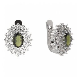 BG náušnice oválného tvaru 001-07 Bílé zlato - 585 Vltavín a  kubický zirkon