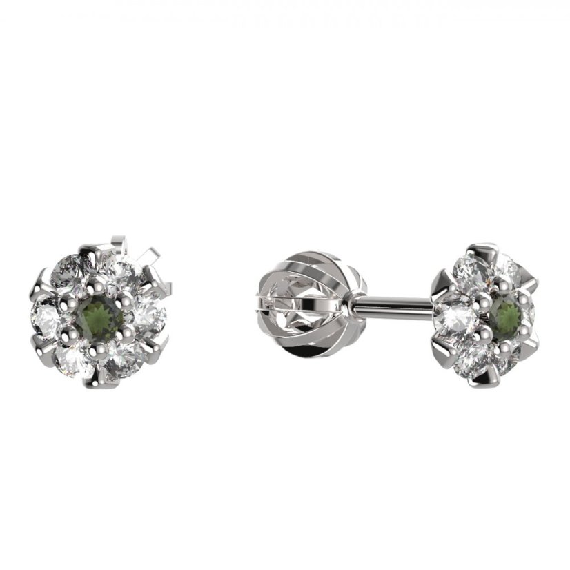 BG vltavínové náušnice 879 Bílé zlato - 585 Vltavín a diamant