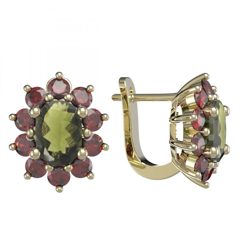 BG náušnice vsazený granát 756 Žluté zlato - 585 Vltavín a granát