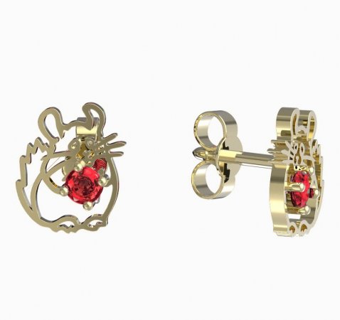 BeKid, Gold kids earrings -1192 - Switching on: Puzeta, Metal: Yellow gold 585, Stone: Red cubic zircon