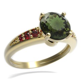 BG prsten kulatý kámen 474-J Žluté zlato - 585 Vltavín a granát